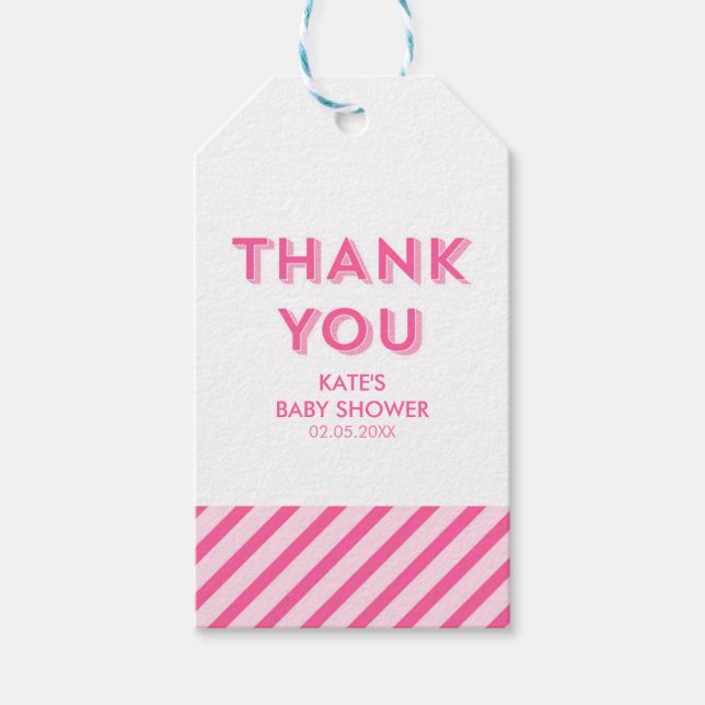 Étiquettes-cadeau Baby shower de Merci moderne à rayures roses (Devant)