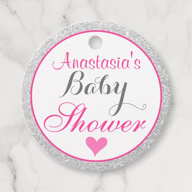 Étiquettes Cadeau Baby shower de Parties scintillant rose et argent  (Devant)