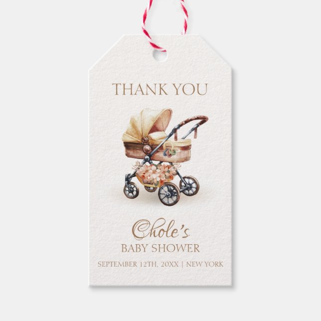 Étiquettes-cadeau Baby shower de poussette florale Boho neutre pour  (Devant)