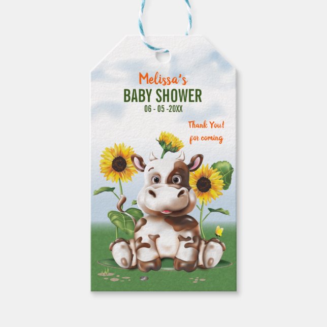 Étiquettes-cadeau Baby shower de tournesol de vache Brown Jersey (Devant)