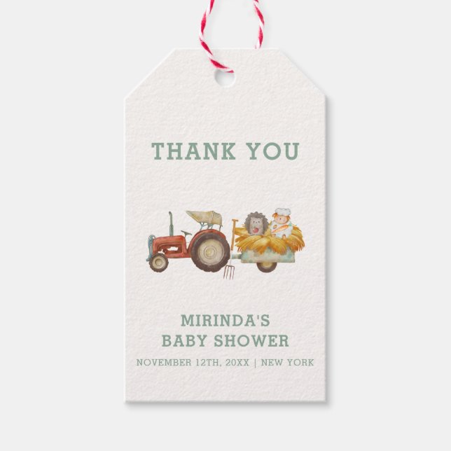 Étiquettes-cadeau Baby shower de tracteur de ferme de hérisson migno (Devant)