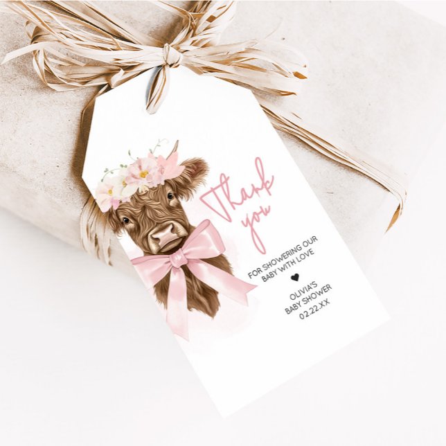 Étiquettes-cadeau Baby shower de vache rose Floral Highland Favorise (Coquette Highland Cow Baby Shower Favor Tags)