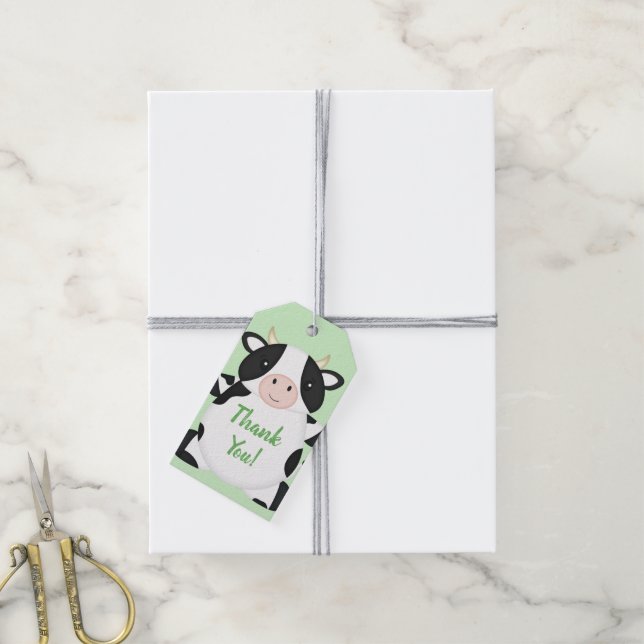 Étiquettes-cadeau Baby shower de vache vert (Avec de la ficelle)