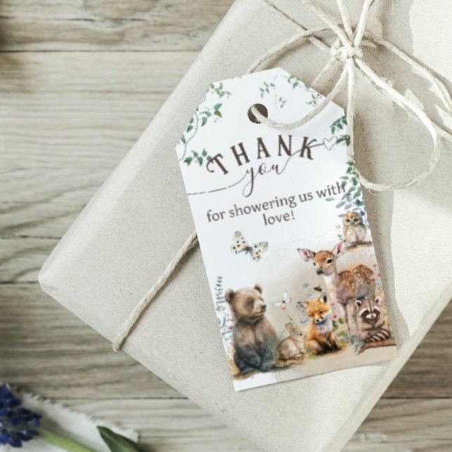 Étiquettes-cadeau Baby shower de verdure des animaux des bois (Créateur téléchargé)