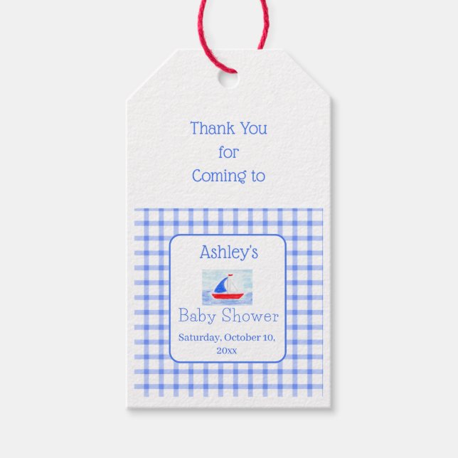 Étiquettes-cadeau Baby shower de vérification bleu bateau à voile Wa (Devant)