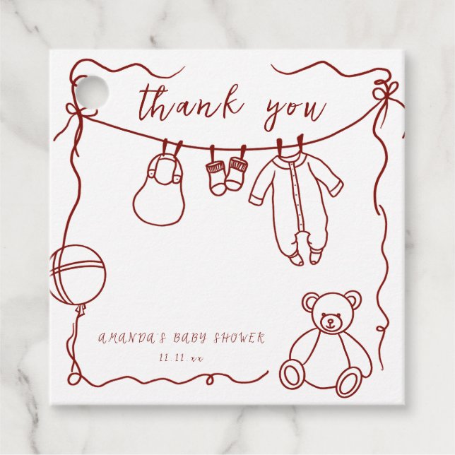 Étiquettes Cadeau Baby shower de vêtements de bébé dessiné à la main (Devant)