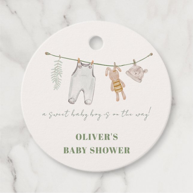 Étiquettes Cadeau Baby shower de vêtements pour garçon Boho vert mig (Devant)