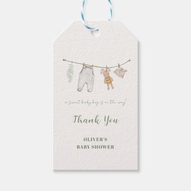 Étiquettes-cadeau Baby shower de vêtements pour garçon Boho vert mig (Devant)