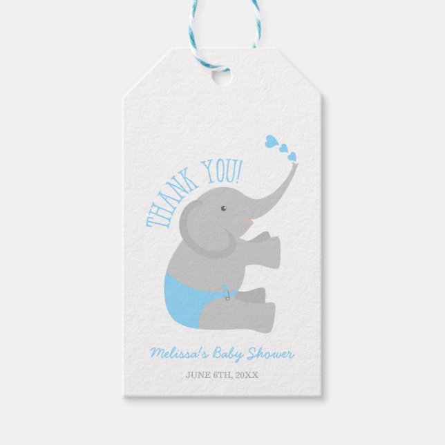 Étiquettes-cadeau Baby shower d'éléphant gris bleu doux (Devant)