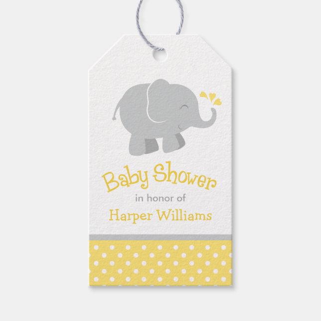 Étiquettes-cadeau Baby shower d'éléphant jaune et gris moderne (Devant)