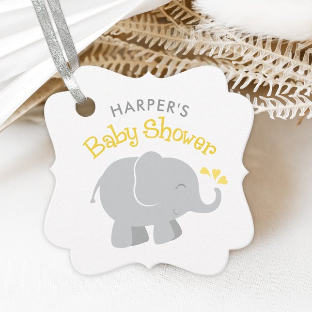 Étiquettes Cadeau Baby shower d'éléphant jaune et gris moderne (Créateur téléchargé)