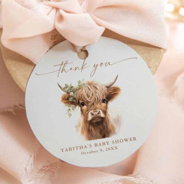 Étiquettes Cadeau Baby shower des couples neutres de vache de Boho H (Boho Highland Cow Baby Shower Thank You Favor Tags.)