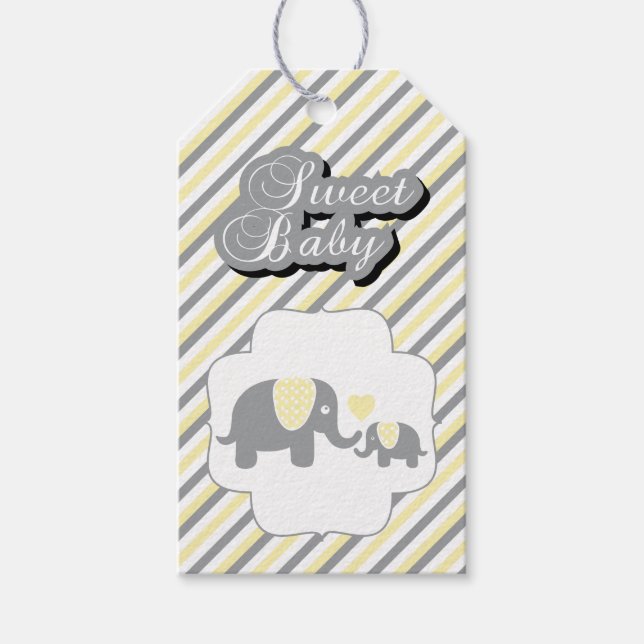 Étiquettes-cadeau Baby shower des éléphants blancs, jaunes et gris (Devant)