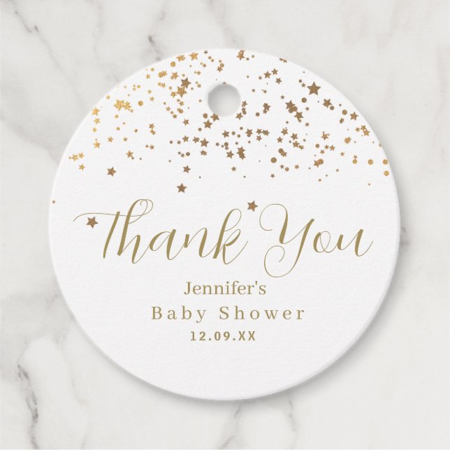 Étiquettes Cadeau Baby shower des étoiles d'or (Devant)