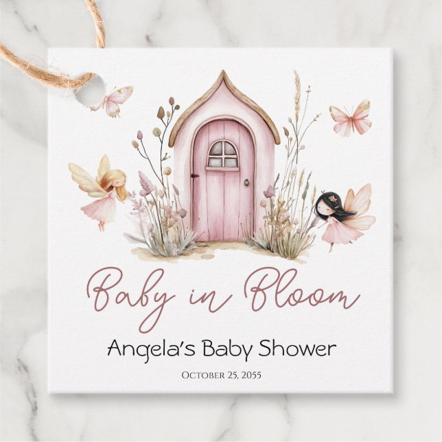 Étiquettes Cadeau Baby shower des fées de bois rose (Devant)