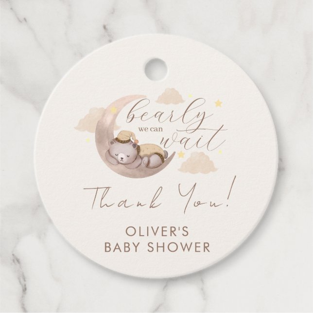Étiquettes Cadeau Baby shower d'étoile de lune d'ours de sommeil neu (Devant)