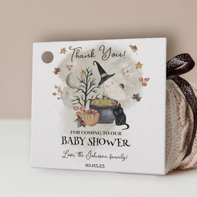 Étiquettes Cadeau Baby shower d'Halloween Un petit livre est presque (a little boo is almost due thank you favor tag for baby shower)