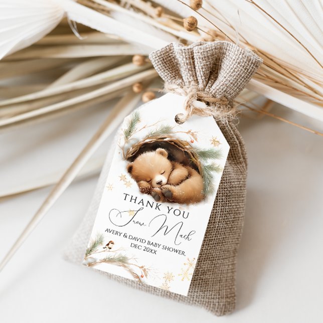 Étiquettes-cadeau Baby shower d'hiver de l'ours des bois à l'extérie (Créateur téléchargé)