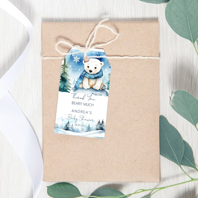 Étiquettes-cadeau Baby shower d'hiver de l'ours polaire merci pour (Polar bear winter baby shower thank you favor gift tags cute white teddy bear pines snowflakes favor)