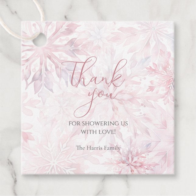 Étiquettes Cadeau Baby shower d'hiver Fille rose Feu de neige Merci (Devant)