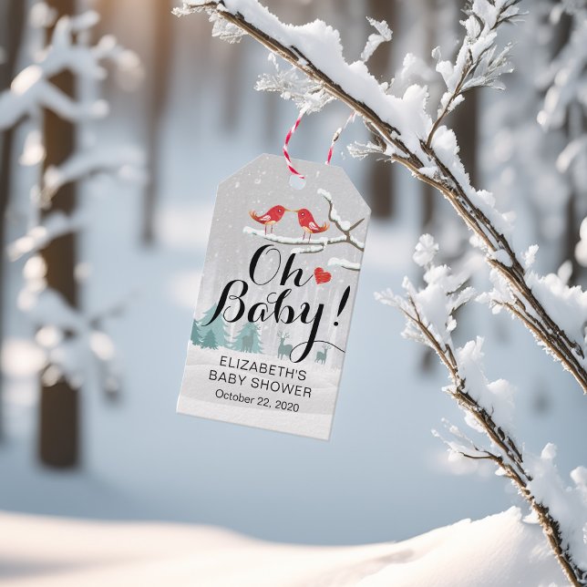 Étiquettes-cadeau Baby shower D'Hiver Moderne Scène De Neige Oiseau  (Créateur téléchargé)