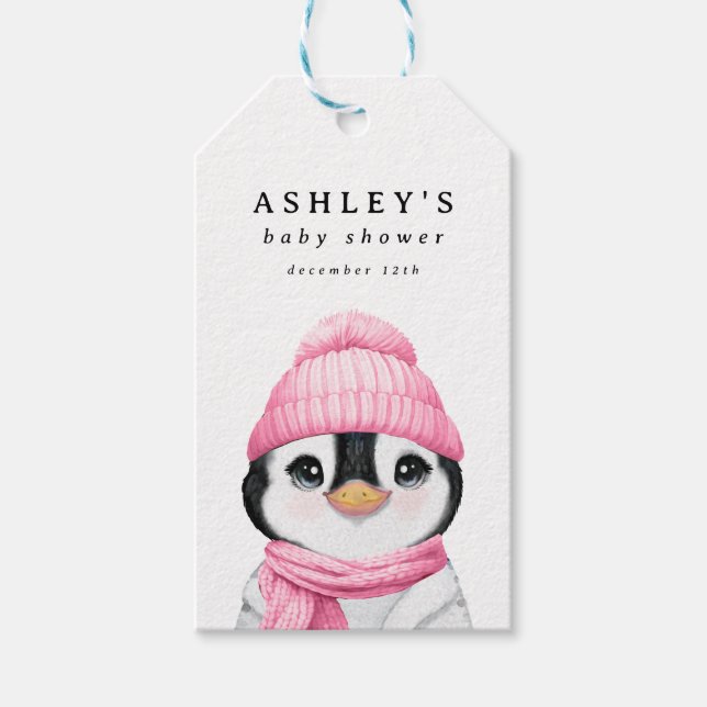 Étiquettes-cadeau Baby shower d'hiver Pingouin Rose (Devant)
