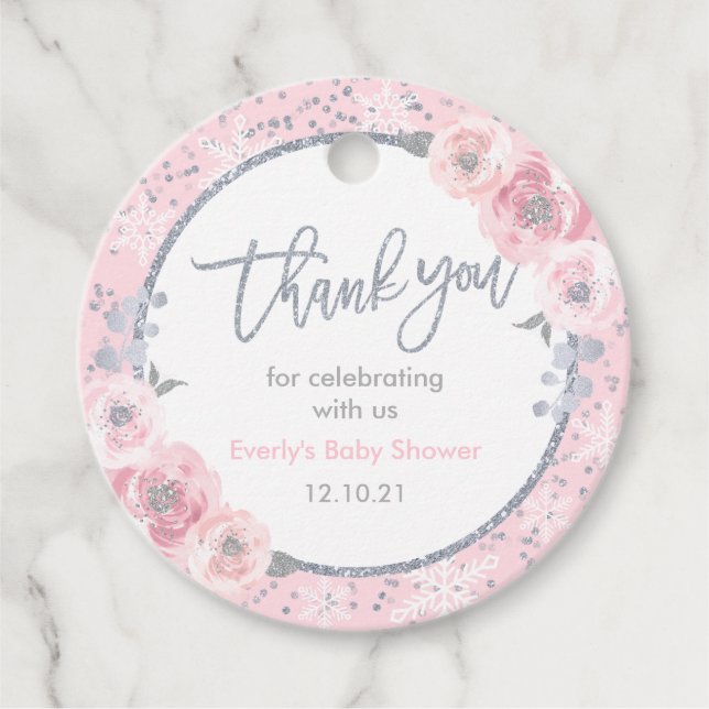 Étiquettes Cadeau Baby shower d'hiver Pink & Silver Snowflake Douche (Devant)