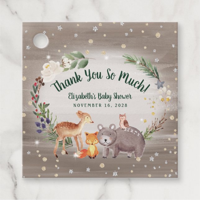 Étiquettes Cadeau Baby shower d'hiver sur les animaux des bois (Devant)
