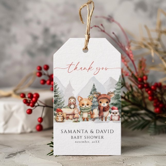Étiquettes-cadeau Baby shower d'hiver sur les animaux forestiers (Créateur téléchargé)