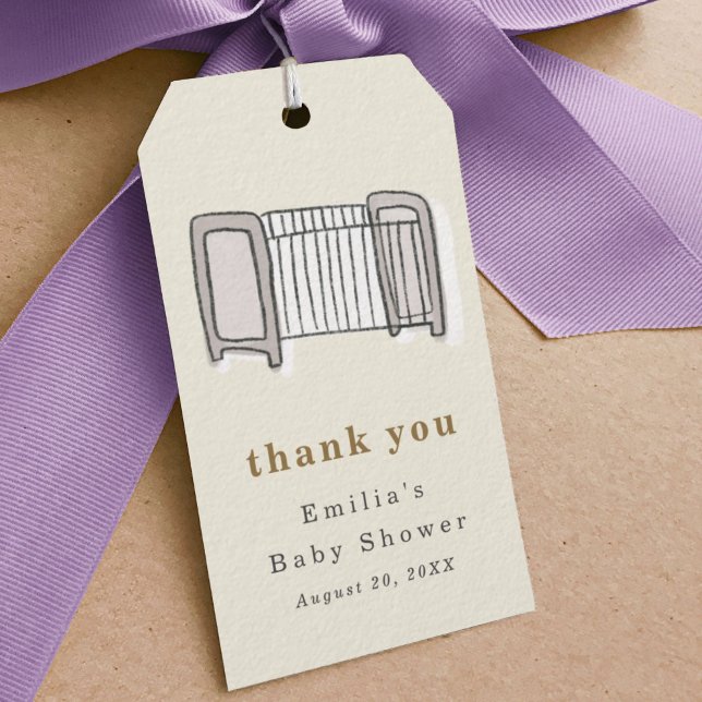 Étiquettes-cadeau Baby shower d'illustration de nouveau-né sur le li (Newborn illustration baby crib baby shower thank you favor gift tag.)