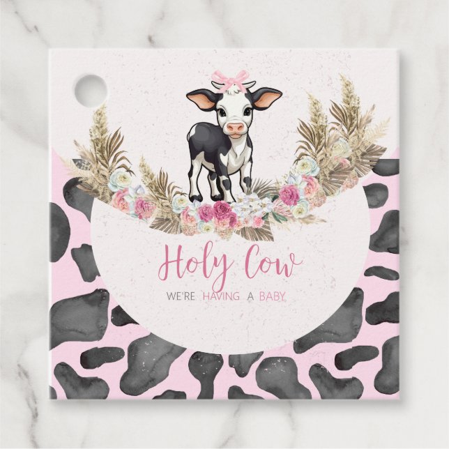 Étiquettes Cadeau Baby shower d'impression de vache rose Holy Cow (Devant)