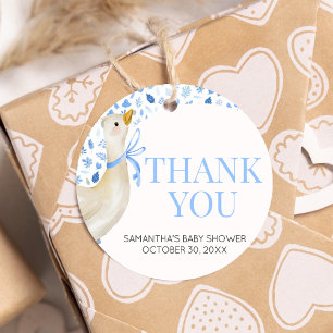 Étiquettes Cadeau Baby shower d'oie fine bleu rond