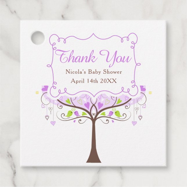Étiquettes Cadeau Baby shower d'oiseaux floraux pourpre et vert Merc (Devant)