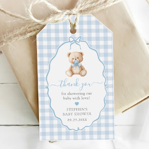 Étiquettes-cadeau Baby shower d'ours en En vichy bleu