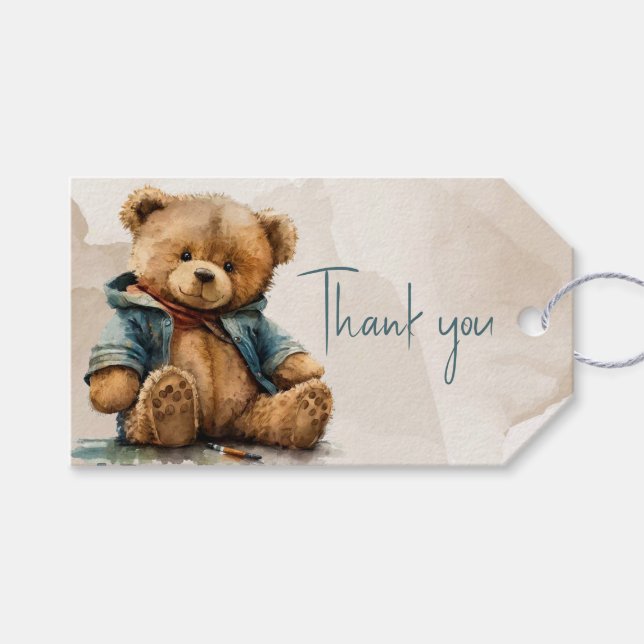 Étiquettes-cadeau Baby shower d'ours en peluche à l'aquarelle brun d (Devant (Horizontal))