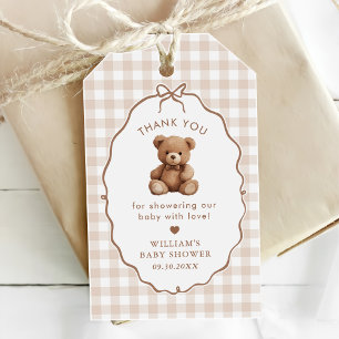 Étiquettes-cadeau Baby shower d'ours en peluche En vichy neutre