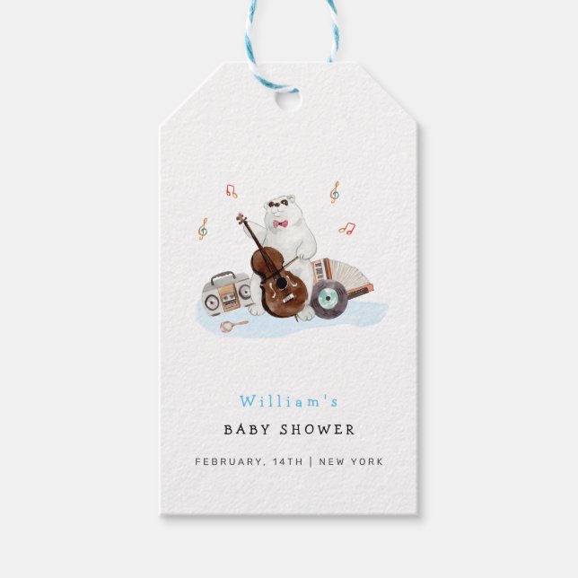Étiquettes-cadeau Baby shower d'ours polaire musicien mignon (Devant)