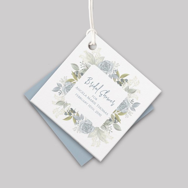 Étiquettes Cadeau Baby Shower Élégant Floral avec des Roses Bleu Pou (Bridal Shower blue floral elegant gift tag)