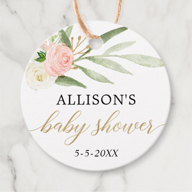 Étiquettes Cadeau Baby shower élégant floral or rose vif (Devant)