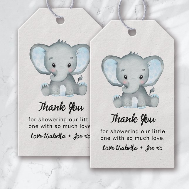 Étiquettes-cadeau Baby shower Eléphant bleu petit arachide (Créateur téléchargé)