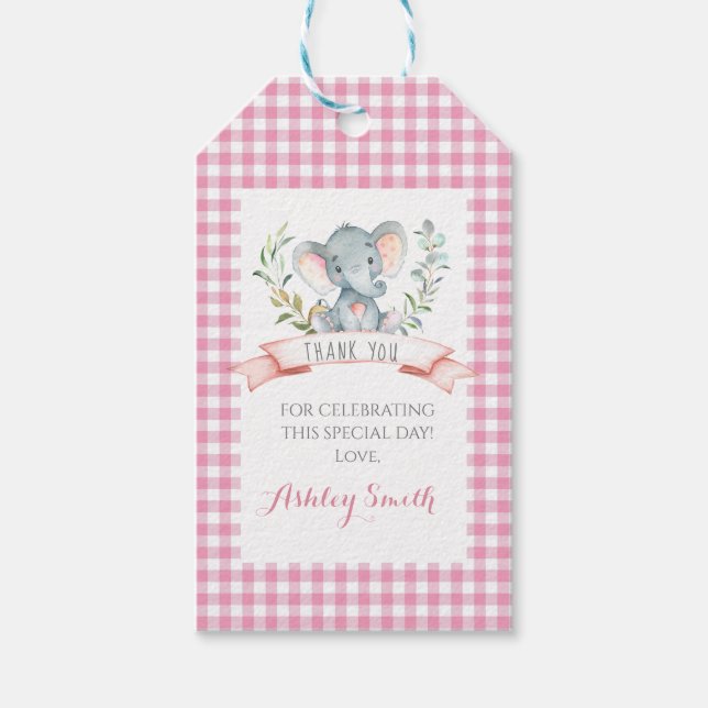 Étiquettes-cadeau baby shower éléphant invitation fille rose (Devant)