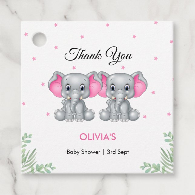 Étiquettes Cadeau Baby shower Eléphant Rose Twin Girls (Devant)