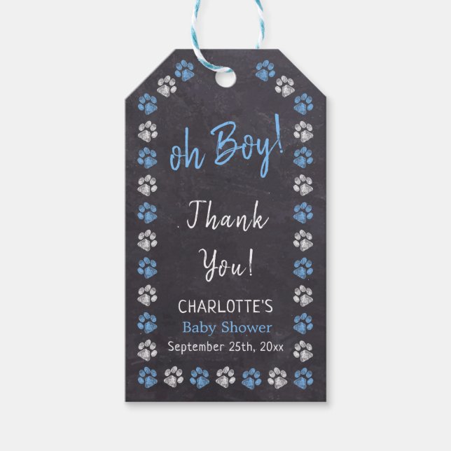 Étiquettes-cadeau Baby shower Empreinte de patte Chalkboard Blue Boy (Devant)