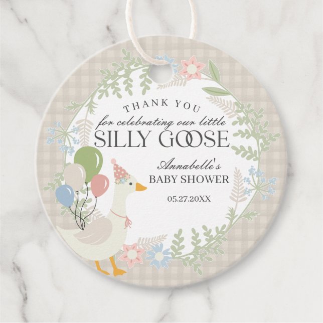 Étiquettes Cadeau Baby shower En vichy floral beige soie oie (Devant)