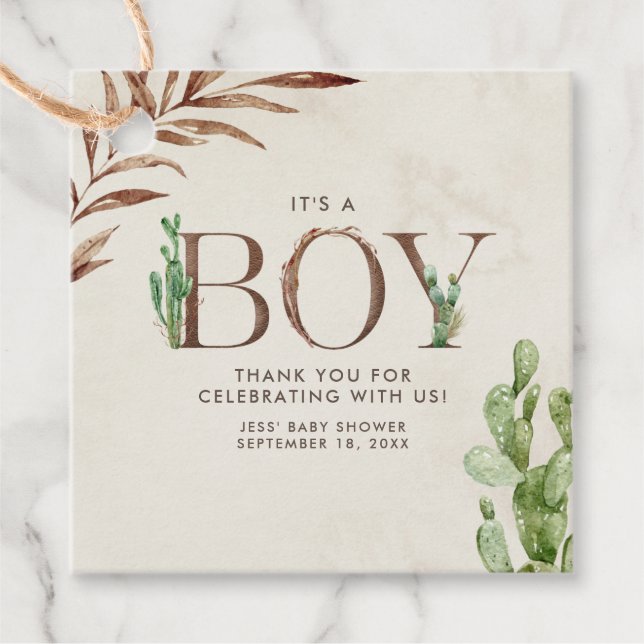 Étiquettes Cadeau Baby shower Favoris pour garçon en cuir Cactus (Devant)
