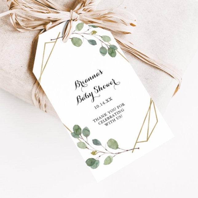 Étiquettes-cadeau Baby Shower Feuillage d'eucalyptus de verdure géom (Créateur téléchargé)