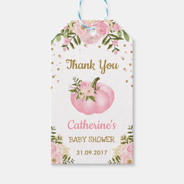 Étiquettes-cadeau Baby shower Fille Citrouille rose Favoriser Balise (Devant)