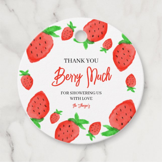Étiquettes Cadeau Baby shower Fille  de fraise d'aquarelle Merci (Devant)