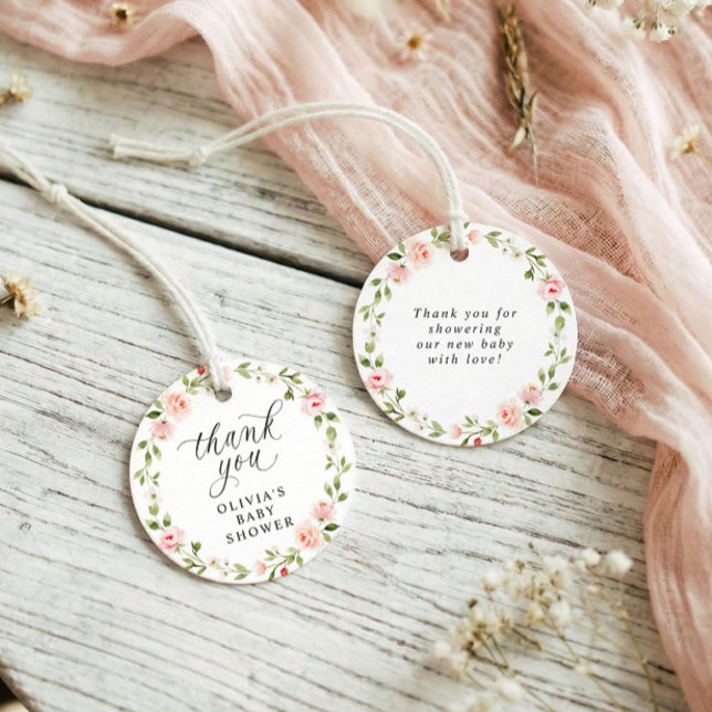 Étiquettes Cadeau Baby Shower Fille Jardin Floral Aquarelle Rose (Pink floral baby shower favor tags with pink flowers and sage greenery - round.)