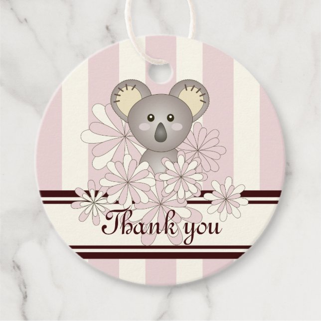 Étiquettes Cadeau Baby shower fille Koala rose / Merci d'anniversair (Devant)